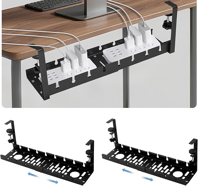 2 Pack Adjustable No Drilling Extendable Under Desk Cable Management Tray with Clamp Mount Heavy Duty Ventilated Design Under Desk Cable Management Tray for Office Home Desktop Wire Organization