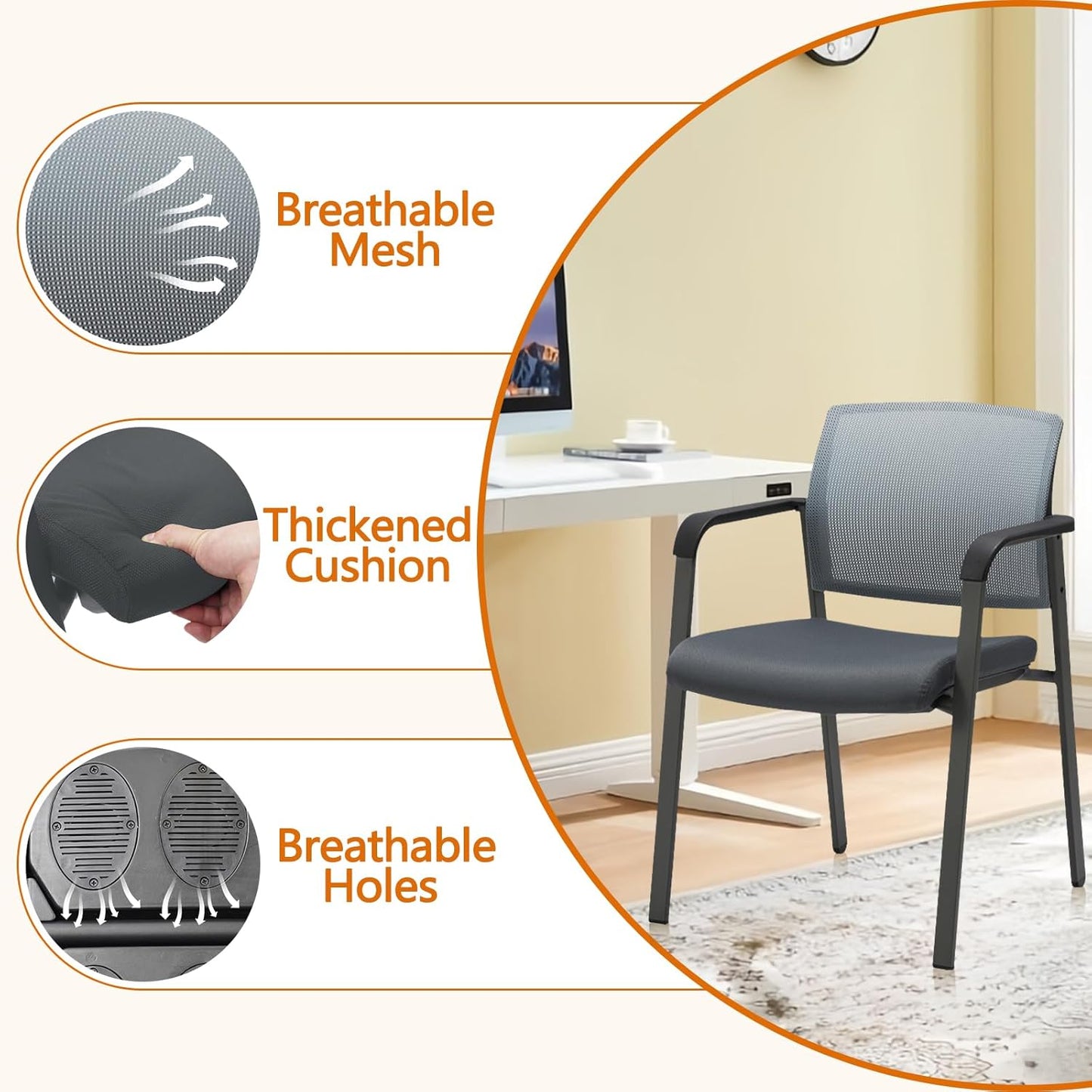 CLATINA Mesh Back Stacking Arm Chairs with Upholstered Fabric Seat and Ergonomic Lumber Support for Office School Church Guest Reception Grey