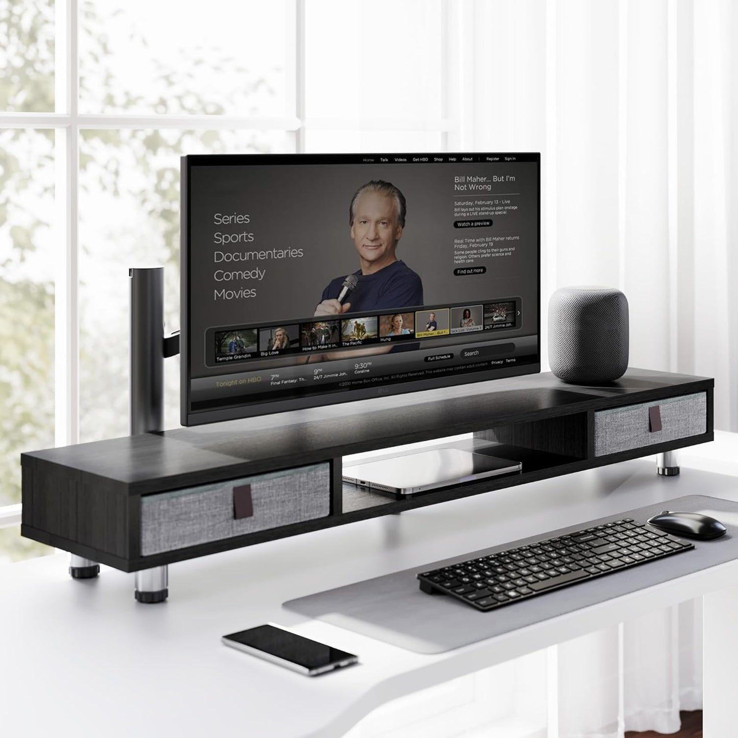 Fenge Dual Monitor Stand with 2 Drawers, 42.5 Inches Large Computer Riser for Desk, Adjustable Height Desk Shelf with Storage for Laptop, PC, TV, Printer