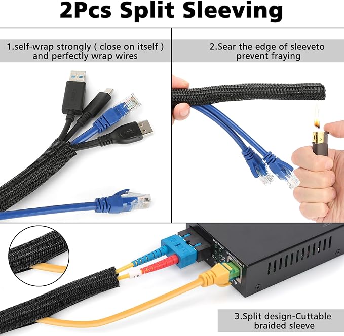 Cable Management Organizer Kit 2 Cable Sleeve Split with 41Self Adhesive Cable Clips Holder, 10pcs and 2 Roll Self Adhesive tie and 100 Fastening Cable Ties for TV Office Home Electronics etc