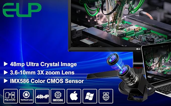ELP 48MP USB Camera - Manual Zoom Webcam for Computer & Laser Engraver - 3.6-10mm 3X Zoom - UVC USB2.0 Close-up Camera for PC & Jetson Nano, RaspberryPi