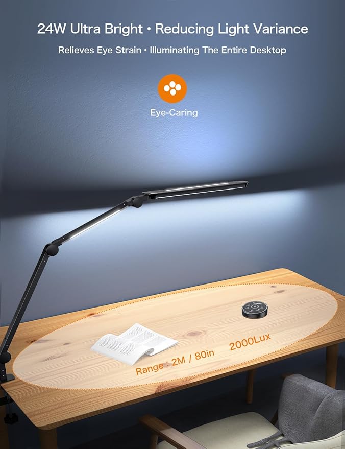 24W Ultra Bright LED Desk Lamp with Remote Control, Three Light Sources, Ajustable Atmosphere Lighting, Flexible Swing Arm, 4 Color Modes & 4 Brightness, Architect Desk Lamp with Clamp for Home Office