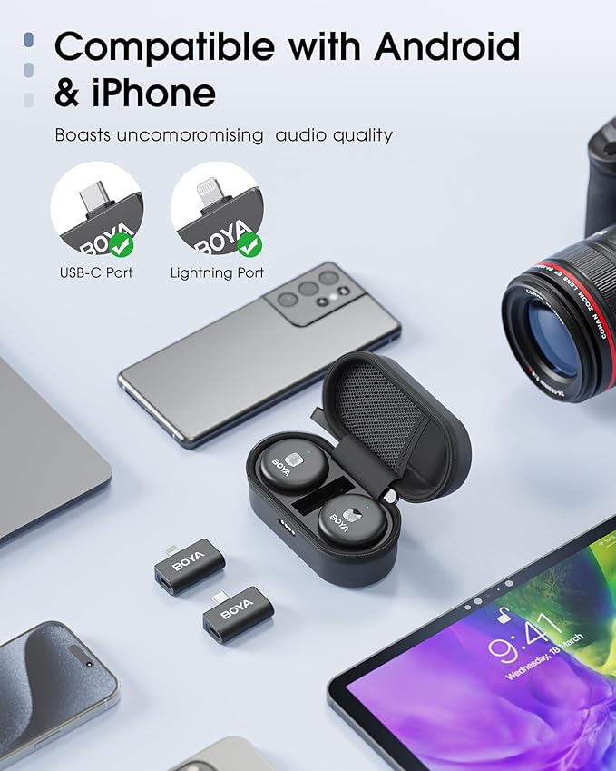 BOYA Omic Wireless Microphone for iPhone/Android with MFi Certified Lightning/USB-C Plug, Noise Reduction, 164ft 30H Battery Life with Charging Case, iPhone Microphone for Video Recording-Black