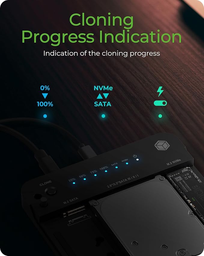 M.2 NVMe & SATA SSD/HDD Docking Station, ICY BOX USB-C 10 Gbps Dual Bay Hard Drive Clone Station & Reader (SATA 2.5/3.5 Inch & M.2 NVMe), Two-Way Cloning, Tool-Free External Adapter