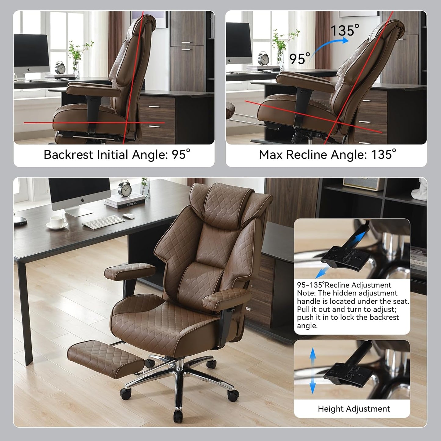 Big and Tall Office Chair with Footrest, PU Leather High Back Executive Office Chair 400lbs, Ergonomic Computer Chairs Lumbar Support for Heavy People (Brown)