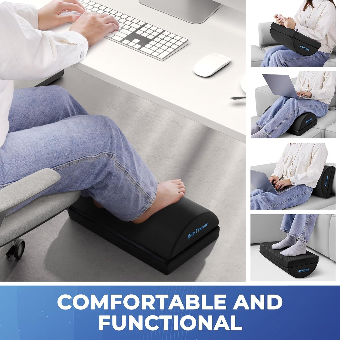 BlissTrends Foot Rest for Under Desk at Work-Versatile Foot Stool with Washable Cover-Comfortable Footrest with 2 Adjustable Heights for Car,Home and Office to Relieve Back,Lumbar,Knee Pain-Black