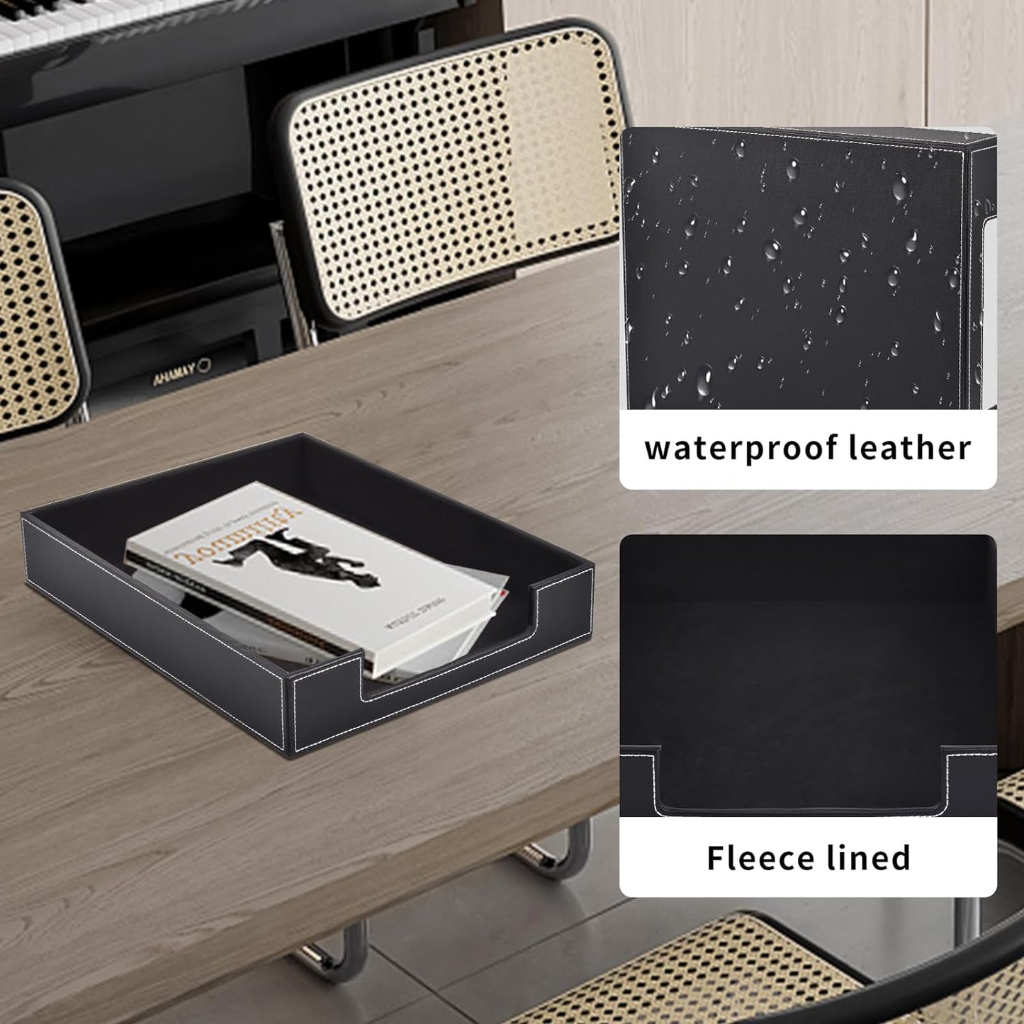 Leather Letter Tray, Office Supplies Desk Organizer for Mail Paper Files Magazines Jewelry Cosmetics,Luxury Letter Holder&Multipurpos Stackable Office Desktop Storage Box,Black