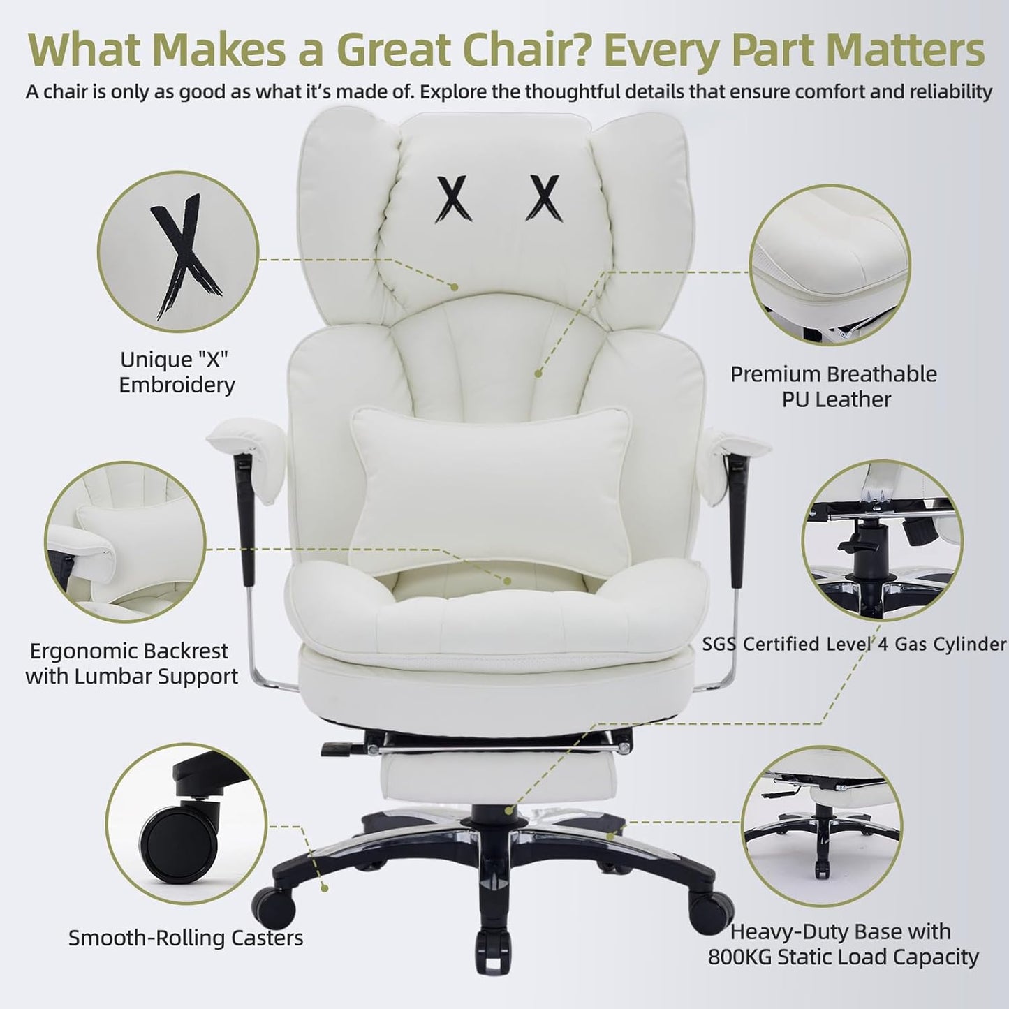 Efomao White Big and Tall Office Chair with Footrest – Ergonomic High-Back Computer Chair with Adjustable Armrests, Wide Seat – Modern Home Office, Gaming & Study Chair for Young Professionals