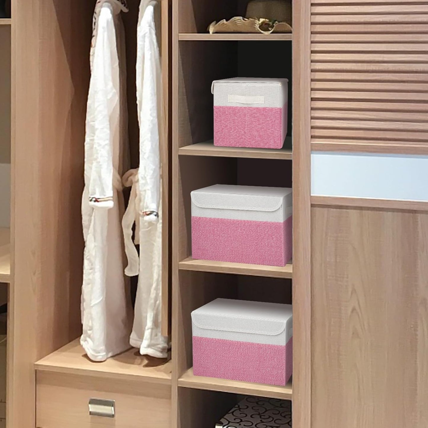 Large 22 Quart Linen Fabric Foldable Storage Bin Cube Organizer Basket with Flip-Top Lid & Handles, Clothes Blanket Box for Home, Office, Closet, Pink & White, 4 Pack 14.6 x 9.5 x 9.5