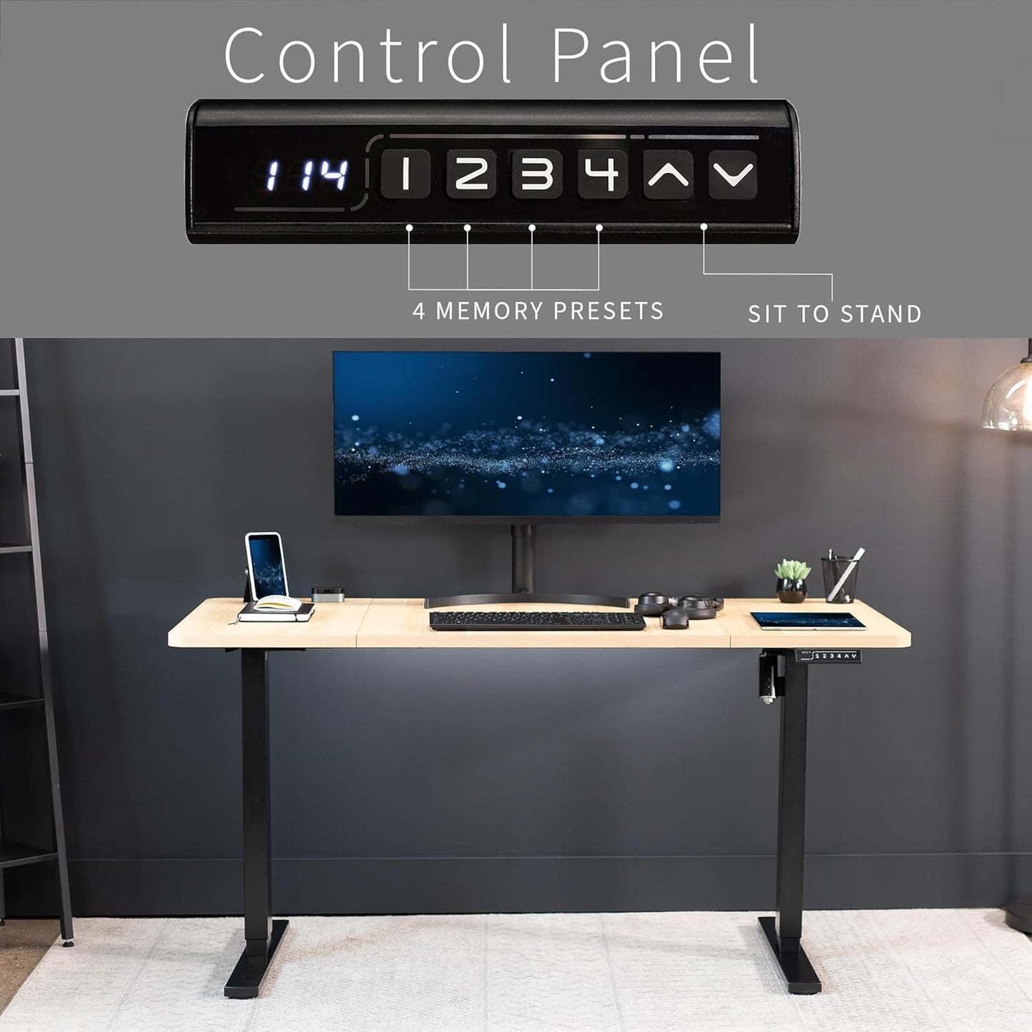 VIVO Electric 60 x 30 in Standing Desk, Memory Height Adjustment, 1B Series, Light Wood Top Black Frame, DESK-KIT-1B6C-30