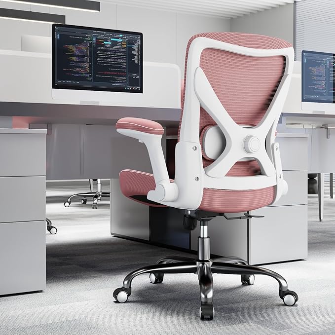 Ergonomic Office Chair-Computer PU Leather X-Shaped Desk Chair-Gaming Chair with Adjustable Flip-up Armrests Lumbar Support Mesh Executive Chair for Long Hours Office (Pink)