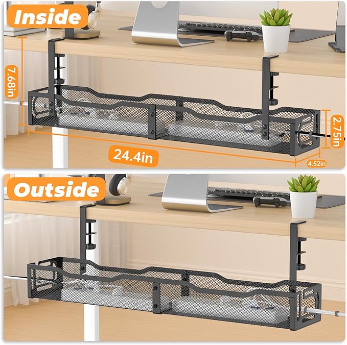 Under Desk Cable Management Tray, 15.7'' No Drill Steel Desk Cable Organizers, Wire Management Tray Cable Management Rack (24.4" Length-Black)