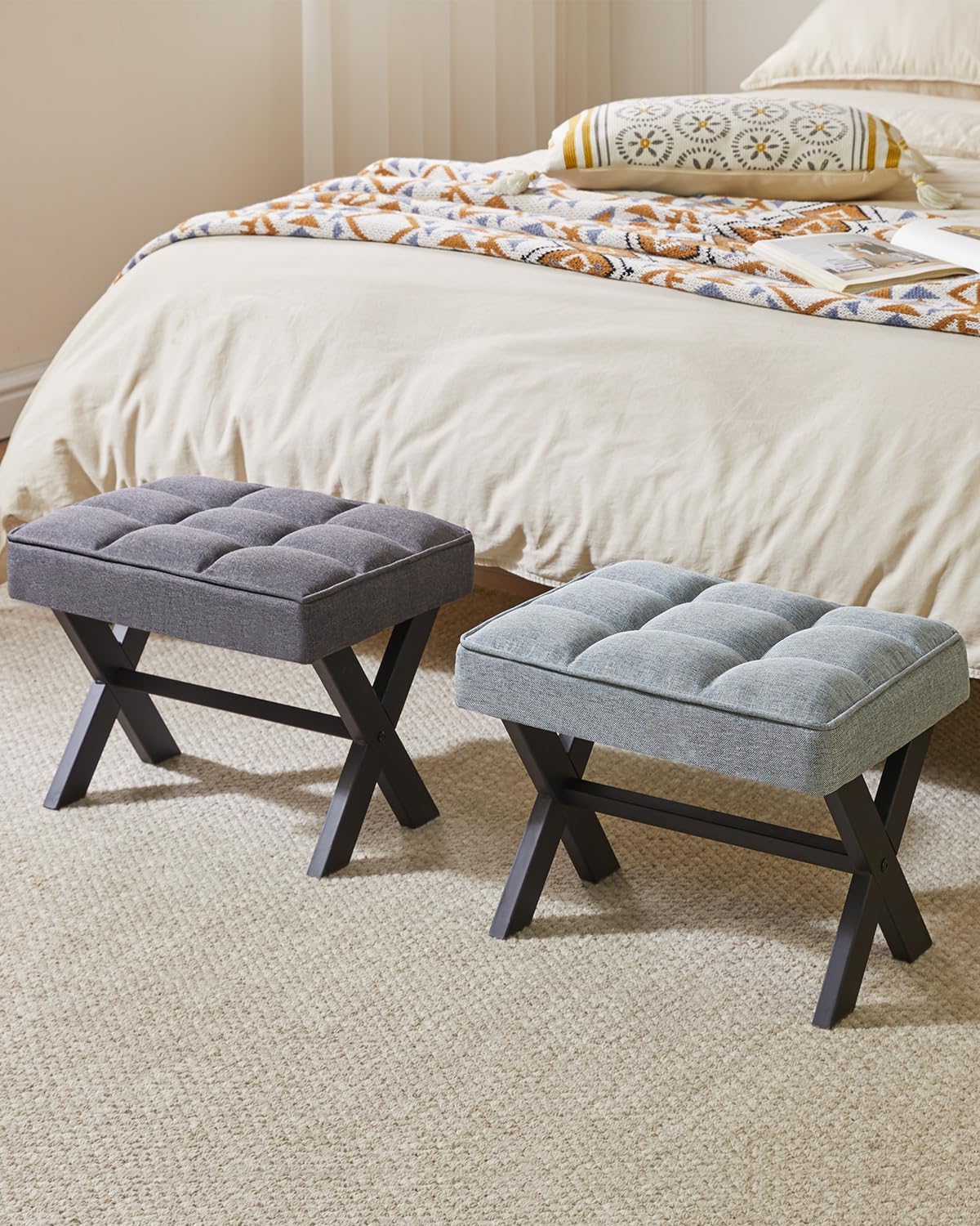 IBUYKE Small 12" H Footrest Stool, Square Linen Foot Stool with Metal X-Leg, Multi-Use as Small Side Table, Step Stool for Living Room, Bedroom, Entryway, Office, Blue Gray WBD011L