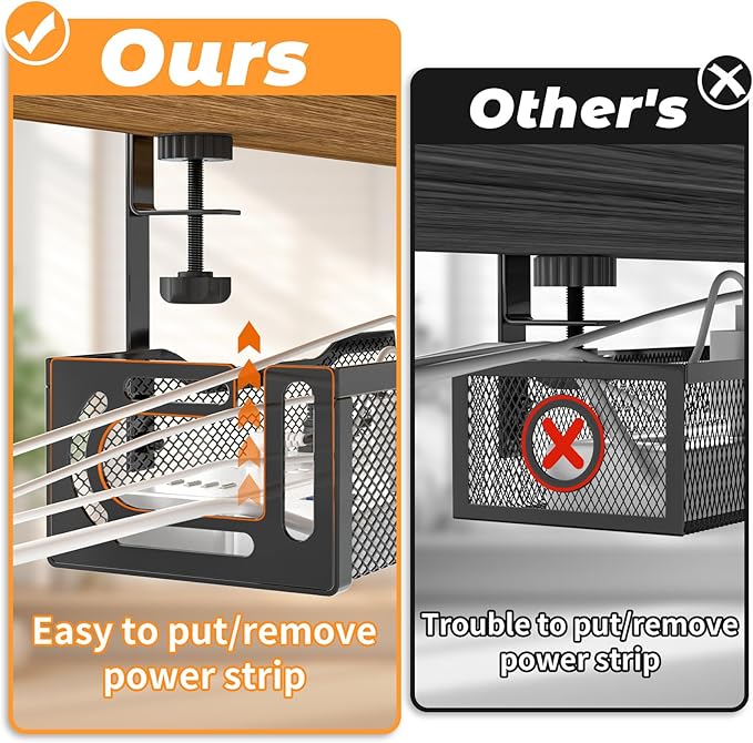 Under Desk Cable Management Tray, 15.7'' No Drill Steel Desk Cable Organizers, Wire Management Tray Cable Management Rack (24.4" Length-Black)