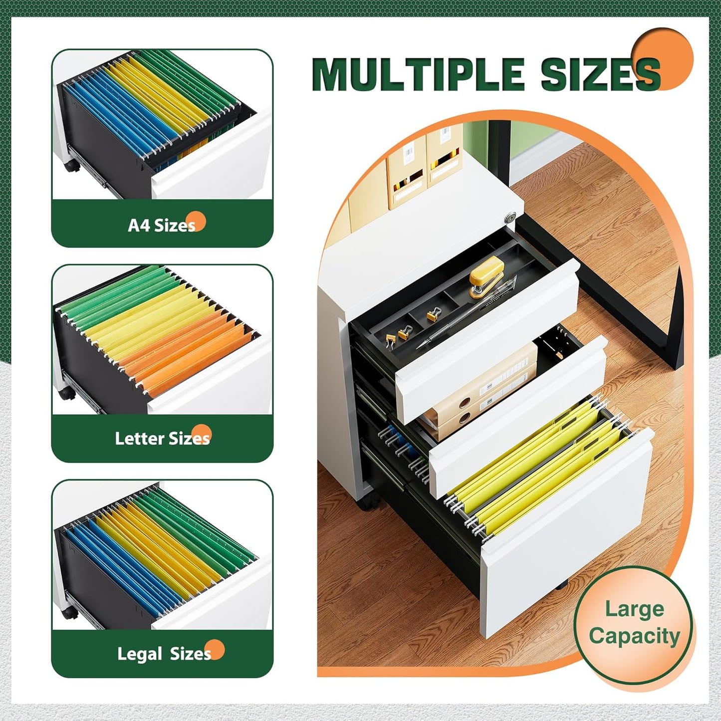 Letaya 3 Drawer Mobile File Cabinet with Lock, Under Desk Metal Filing Cabinets for Home Office Organizer Letters/Legal/A4(Fully Assembled-White)