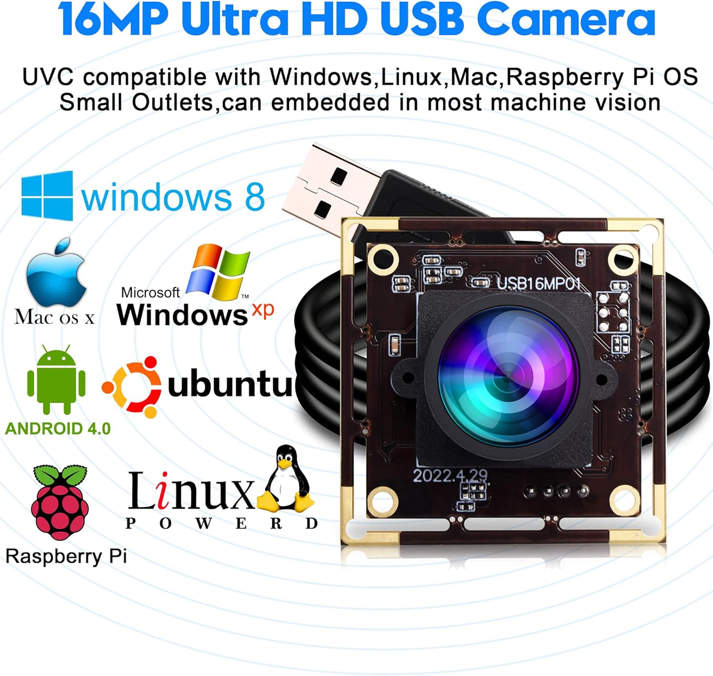 ELP 16MP Wide Angle USB Camera Module for Raspberry Pi and Computer 4K Mini UVC USB2.0 Video Webcam Board with 118degree No Distortion Lens IMX298 Industrial PC Lightburn Camera for Laptop,Jetson Nano