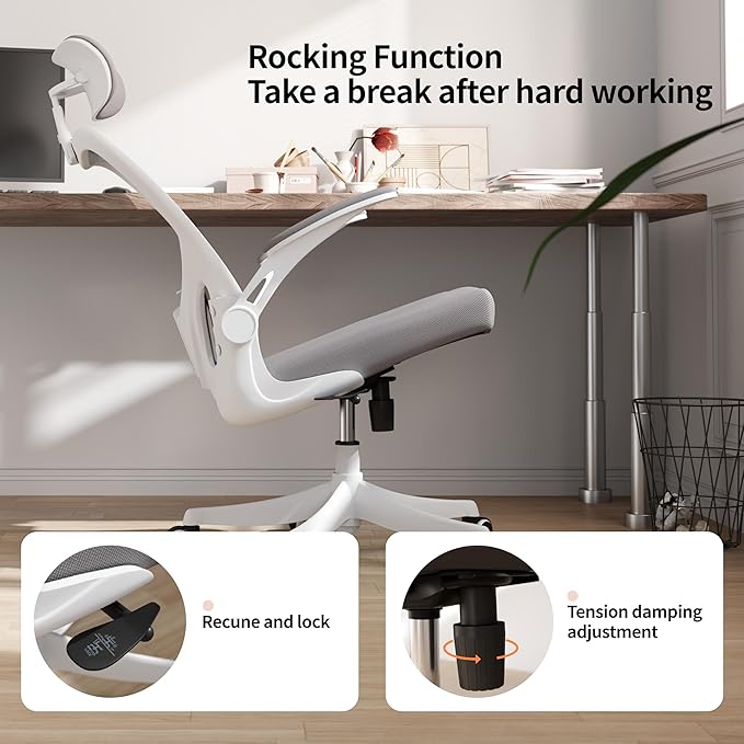 Monhey Office Chair Ergonomic Desk Chair with Lumbar Support&Headrest&Flip-up Arms Height Adjustable Rocking Swivel High Back Computer Chair Warm Taupe Mesh Study Chair (02White+Grey)