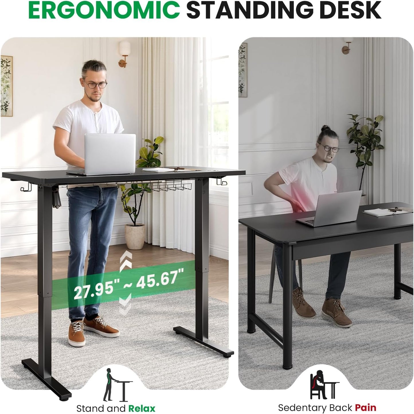 SIAGO Electric Standing Desk Adjustable - 48 x 24 Inch Sit Stand up Desk with Cable Management - 3 Memory Preset Adjustable Height Table