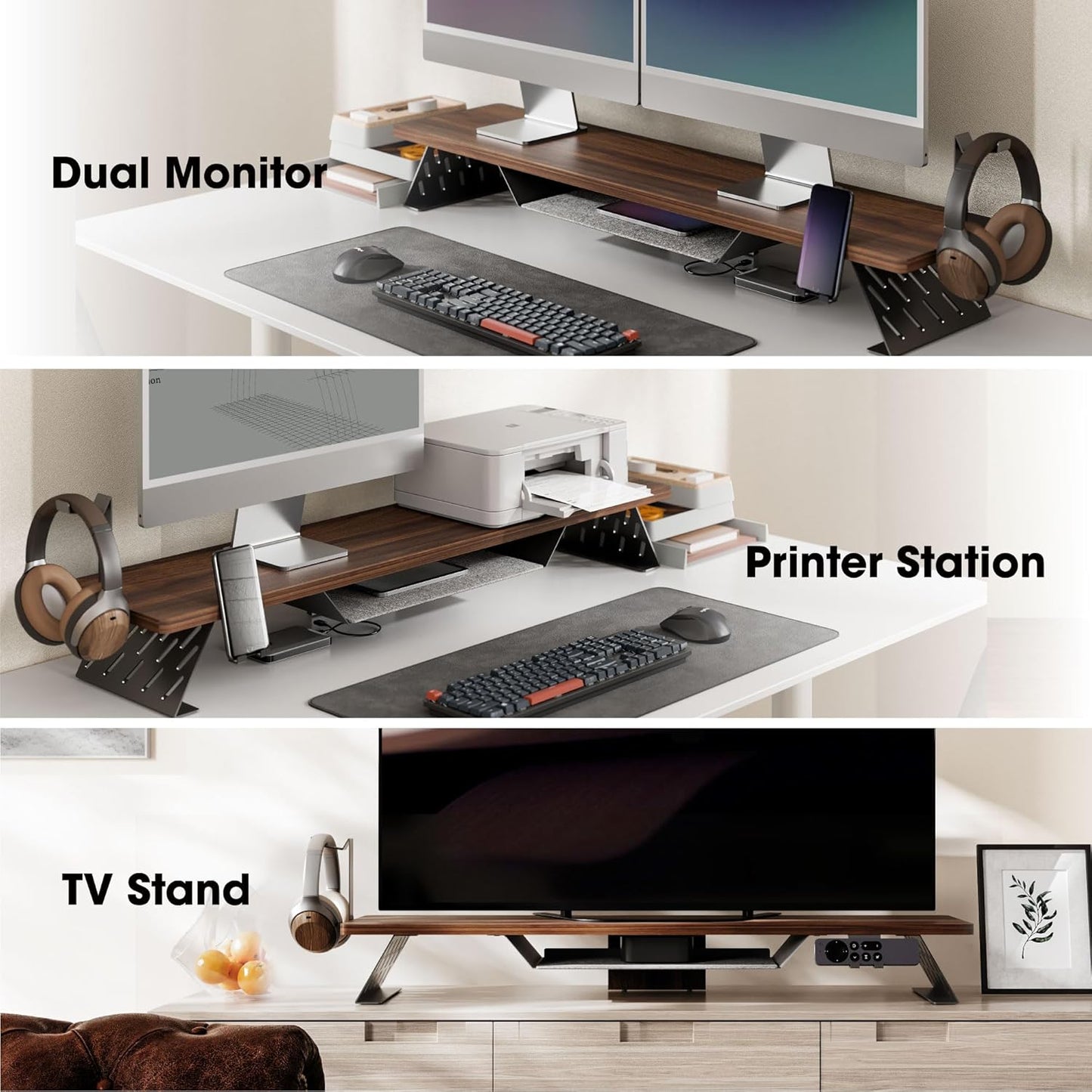 Fenge Dual Monitor Stand, 42.5 Inch Monitor Riser for Desk, Wood Desk Shelf for 2 Monitors, 2 Tier Monitor Shelf with Headphone Stand & Phone Holder