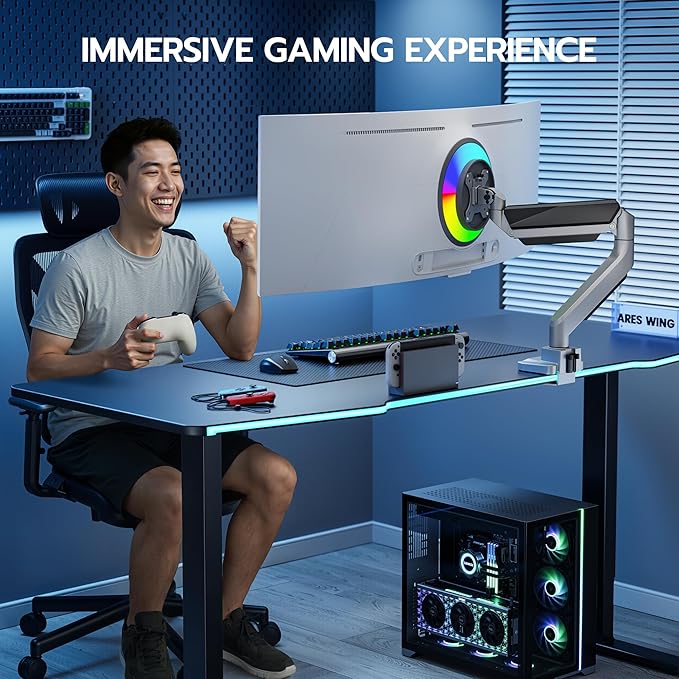 ARES WING Ultrawide Single Monitor Arm, Heavy Duty Monitor Mount for 13"-45" Curved Screens, Adjustable Stand for Desk with C-clamp & Grommet Base up to 40 LBS, Gray