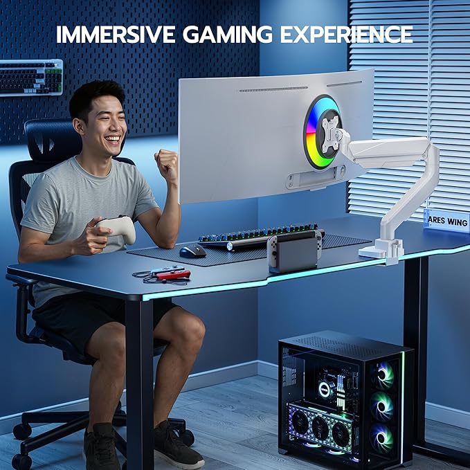 ARES WING Ultrawide Single Monitor Arm, Heavy Duty Monitor Mount for 13"-45" Curved Screens, Adjustable Stand for Desk with C-clamp & Grommet Base up to 40 LBS, White