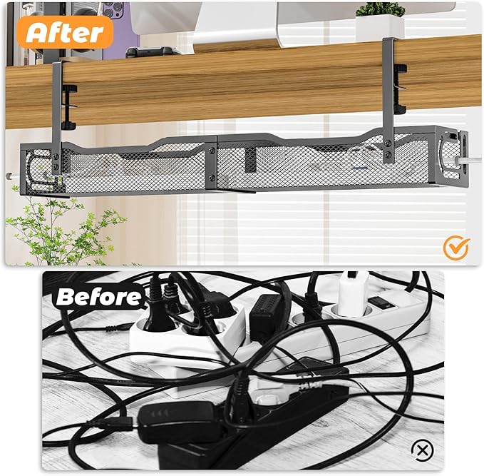 Under Desk Cable Management Tray, 15.7'' No Drill Steel Desk Cable Organizers, Wire Management Tray Cable Management Rack (24.4" Length-Black)