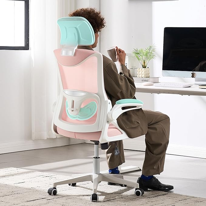 Fizzin Ergonomic Office Chair,Ergonomic Desk Chair with Headrest Pink Computer Chair with High Back Adjustable Lumbar Support, Rolling Swivel Chairs with Wheel Armrests for Home Office(Pink)