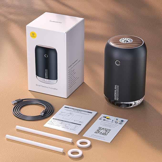 SmartDevil Portable Mini Humidifier, 500ml Desk Plant Humidifier, USB Personal for Bedroom, Office with Night Light, 2 Mist Modes, Black