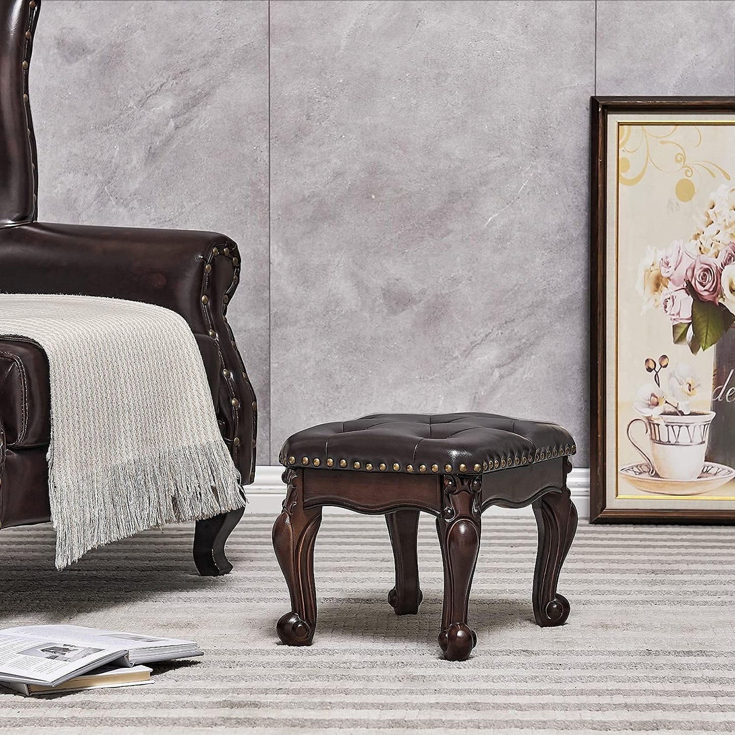 Foot Stool Ottoman Foot Rest Microfiber Leather Upholstered Footstool for Sofa, Living Room, Entryway, Solid Wood Stool (Dark Brown)