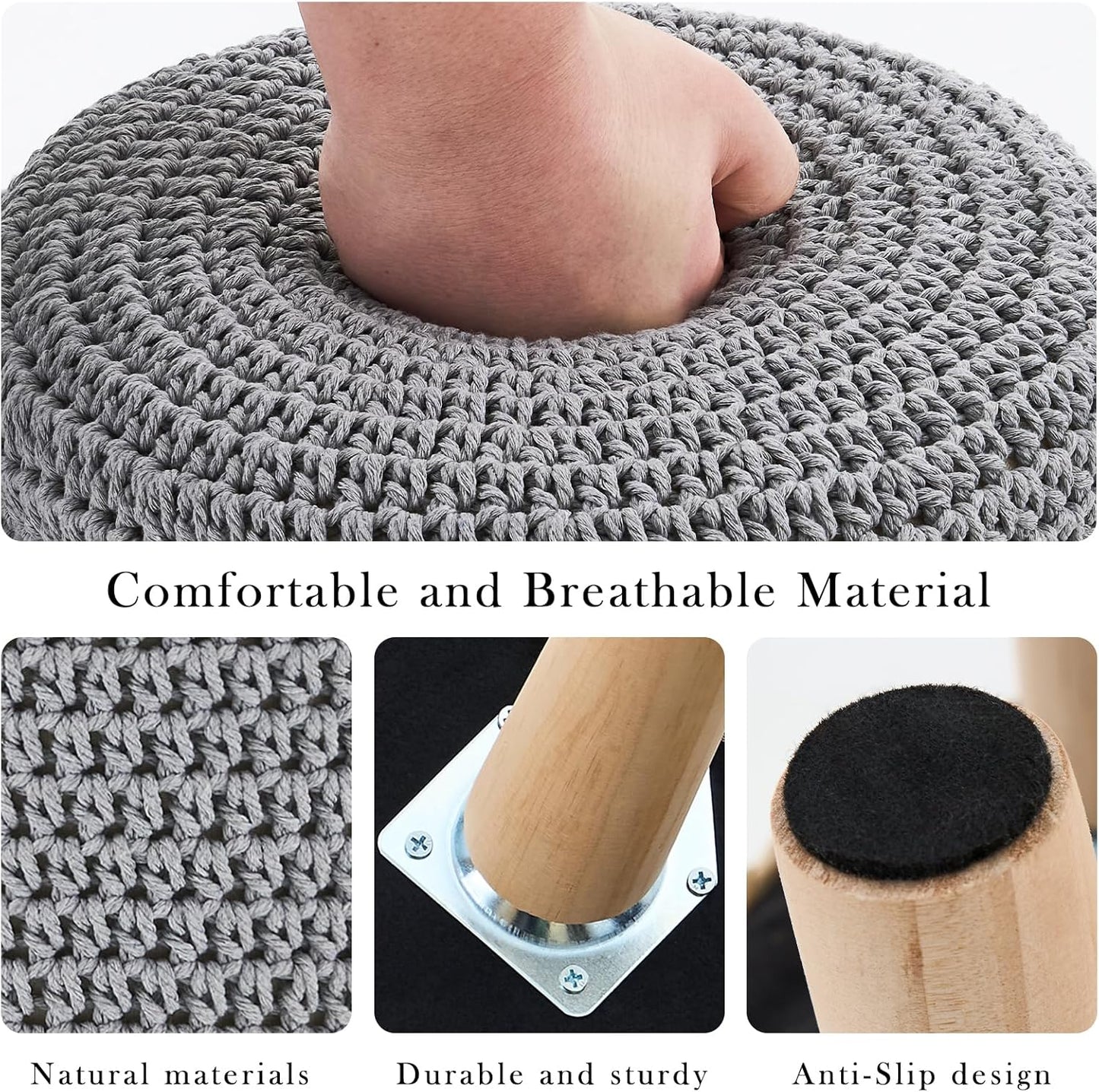 Boho Ottoman Foot Stool Cotton Knitted Round Pouf Ottoman Foot Rest Stool with Non-Skid Wooden Legs Step Stool Padded Seat for Living Room Gray