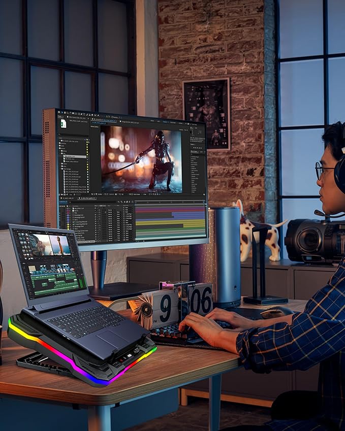 AICHESON Gaming Laptop Cooling Pad with Full RGB Lights, Powerful Cooler Fan Stand for 15-19 inch Gamer Heavy Duty Laptops and PC Computers