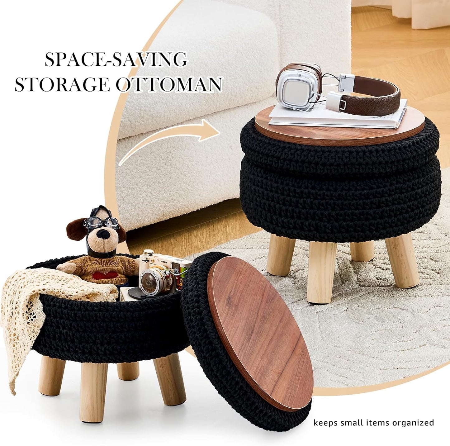 Round Storage Ottoman Foot Rest Cotton Braided Foot Stool Pouf Ottoman with Solid Wood Legs Footstool with Storage Shoe Changing Stool for Living Room Black