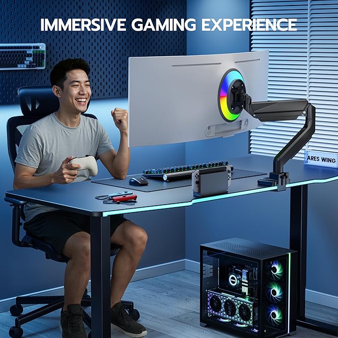 ARES WING Ultrawide Single Monitor Arm, Heavy Duty Monitor Mount for 13"-45" Curved Screens, Adjustable Stand for Desk with C-clamp & Grommet Base up to 40 LBS, Black