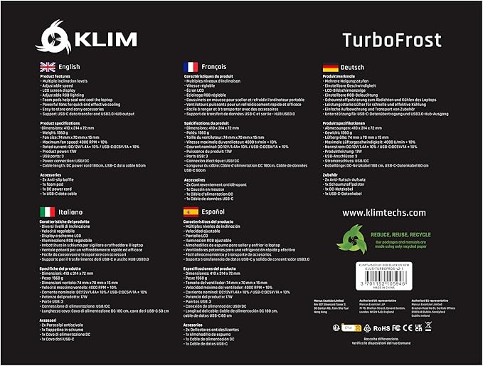 KLIM Turbofrost - Gaming Laptop Cooling Pad - 4 Powerful Turbo Fans - 4 x 4000 RPM, Laptop Cooler 2 Power Modes USB-C/DC, Dynamic RGB, 4-Ports USB, Sealed Foam for Fast Cooling for Laptops up to 17in