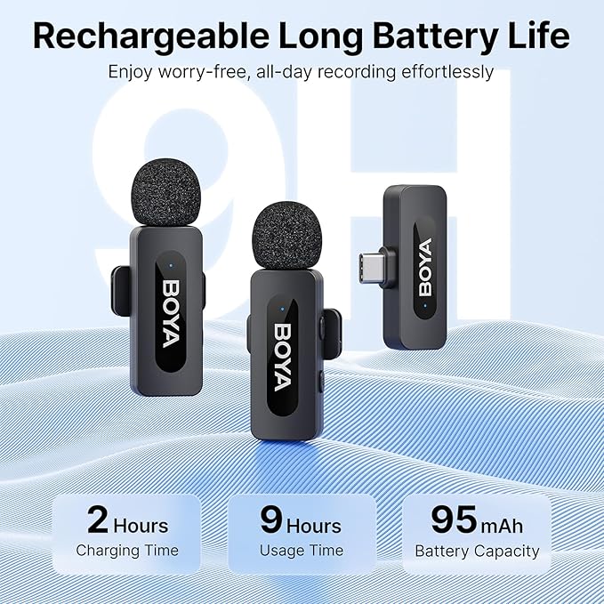 BOYA BY-V20 Wireless Microphones for iPhone 15/16 Series, Android/Laptop with USB-C Port, 328ft Range, 9H Battery Life, Noise Reduction Mini Mic Clip on Lapel Microphone Wireless for Video Recroding