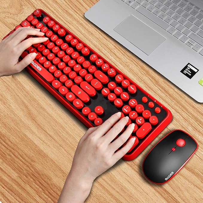2.4GHz Wireless Typewriter Keyboard with 104 Cute Retro Round Keys, Letton Full Size Wireless Keyboard and Mouse Combo with 3 DPI for Computer Mac PC Laptop-Black/Red