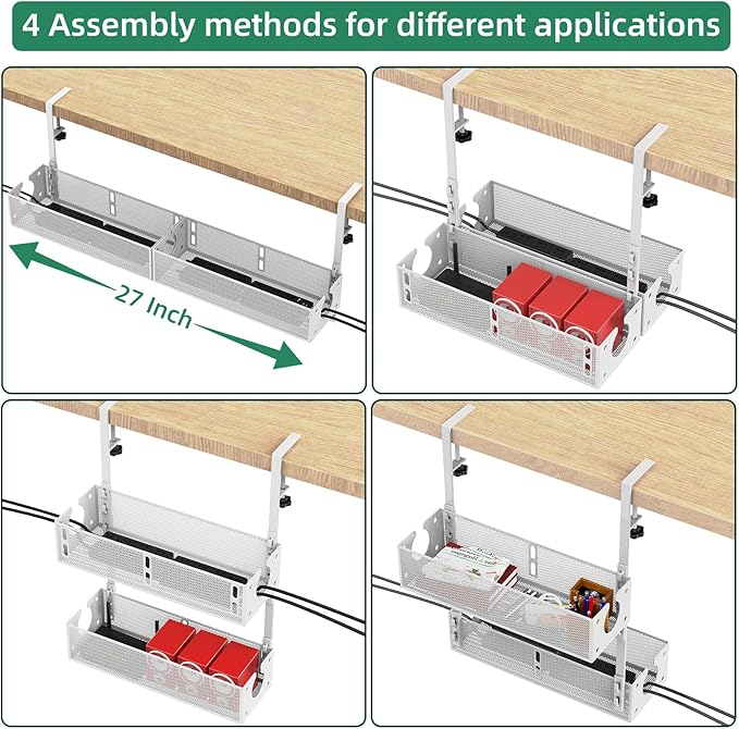 Multi-Model Under Desk Cable Management 2 Pack Metal Under Desk Wire Management Tray Clamp Mount Under Table Cord Management No Damage The Desk White