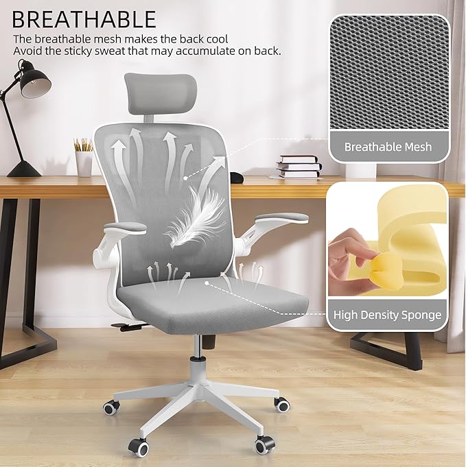 Monhey Office Chairs, Ergonomic Office Chair, Computer Chair with Adjustable Headrest, Lumbar Support, 2D Armrest, Metal Base and Iron Legs, White Frame Grey Mesh Office Chair