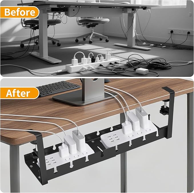 2 Pack Adjustable No Drilling Extendable Under Desk Cable Management Tray with Clamp Mount Heavy Duty Ventilated Design Under Desk Cable Management Tray for Office Home Desktop Wire Organization