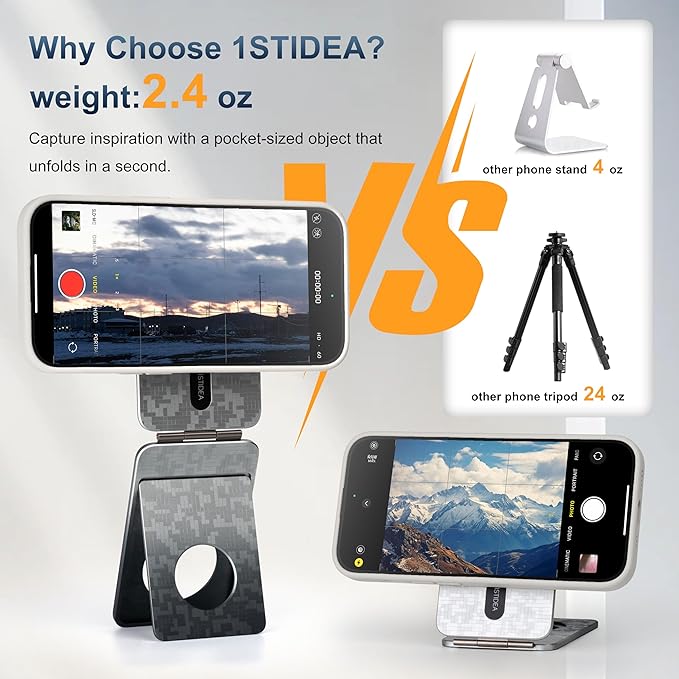 Phone Tripod Stand, Aluminum Alloy Mini Tripod Compatible with Magsafe iPhone 16/15/14/13/12 Series, Foldable Strong Magnetic Phone Stand, Mult-Angle Adjustment Selfie Stick (Mosaic Grey)