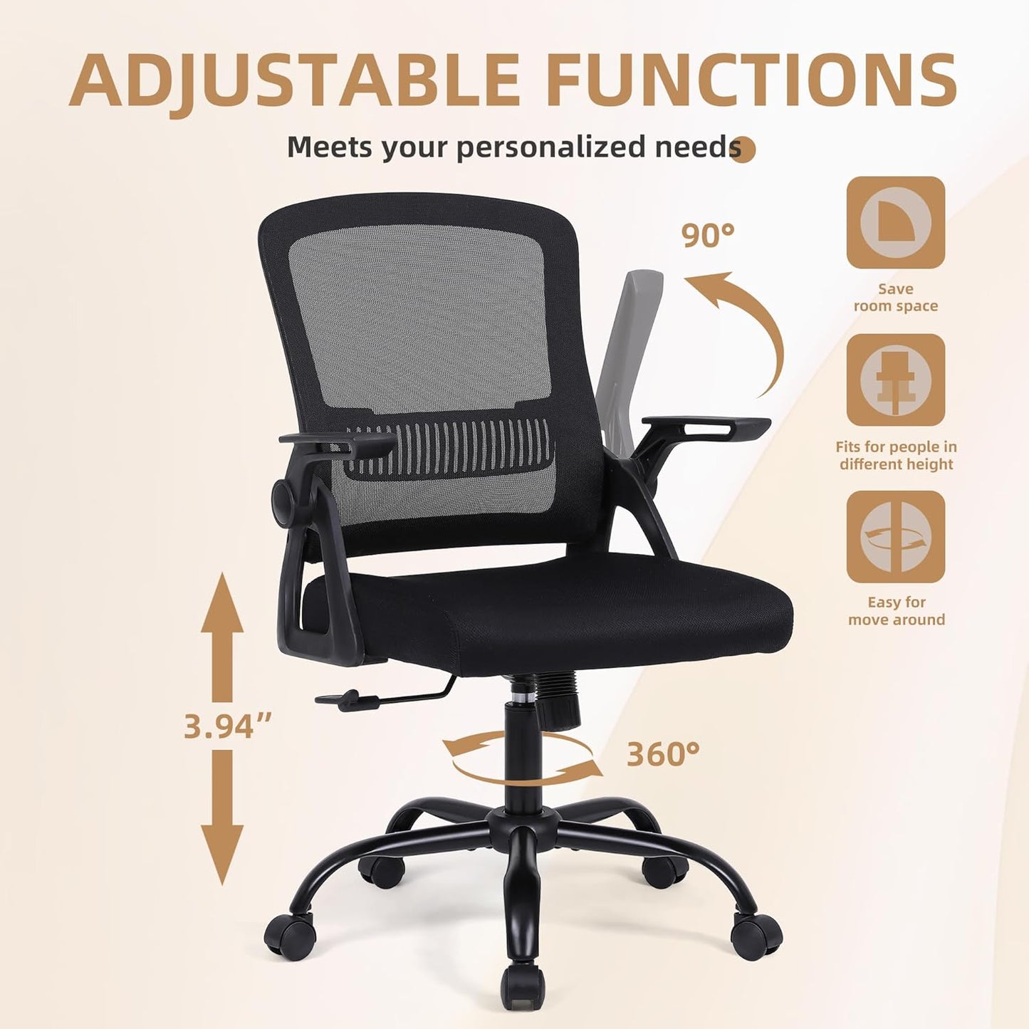 Ergonomic Desk Chair with Lumbar Support, Breathable Mesh with Flip-up Armrests and Mid Back, Comfortable Task Computer Height Adjustable Swivel Chair (10, Black)