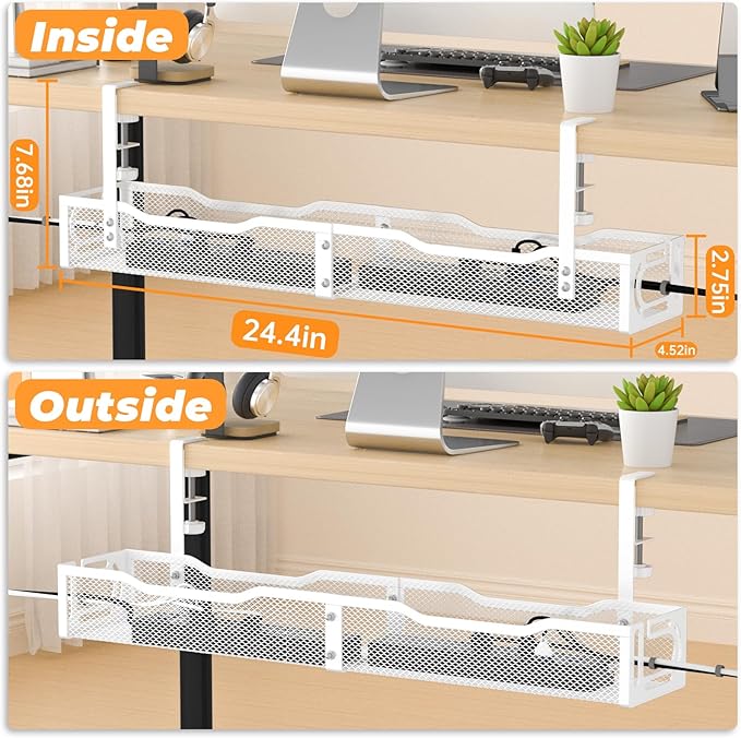 Under Desk Cable Management Tray, 15.7'' No Drill Steel Desk Cable Organizers, Wire Management Tray Cable Management Rack (24.4" Length-White)