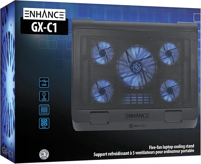 ENHANCE Gaming Laptop Cooling Pad Stand with LED Cooler Fans , Adjustable Height , & Dual USB Port for 17 inch Laptops - 5 Ultra Quiet High Performance Fans 2630 RPM & Built-In Bumpers - Blue