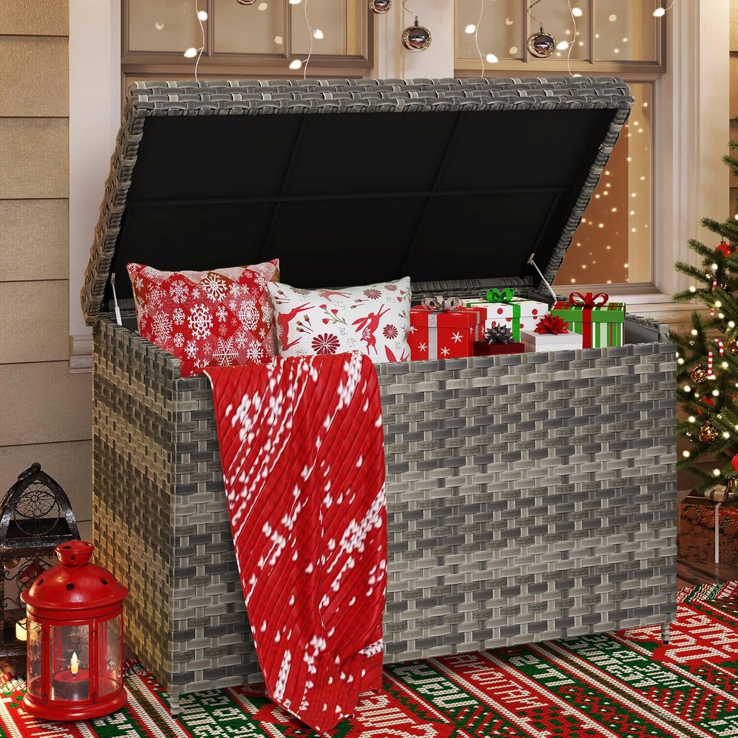 YITAHOME 230 Gallon Deck Box, XXL Wicker Outdoor Storage Box, All-Weather Storage Organizer for Patio Furniture, Outdoor Cushions, Pool Storage and Garden Tools (Grey)