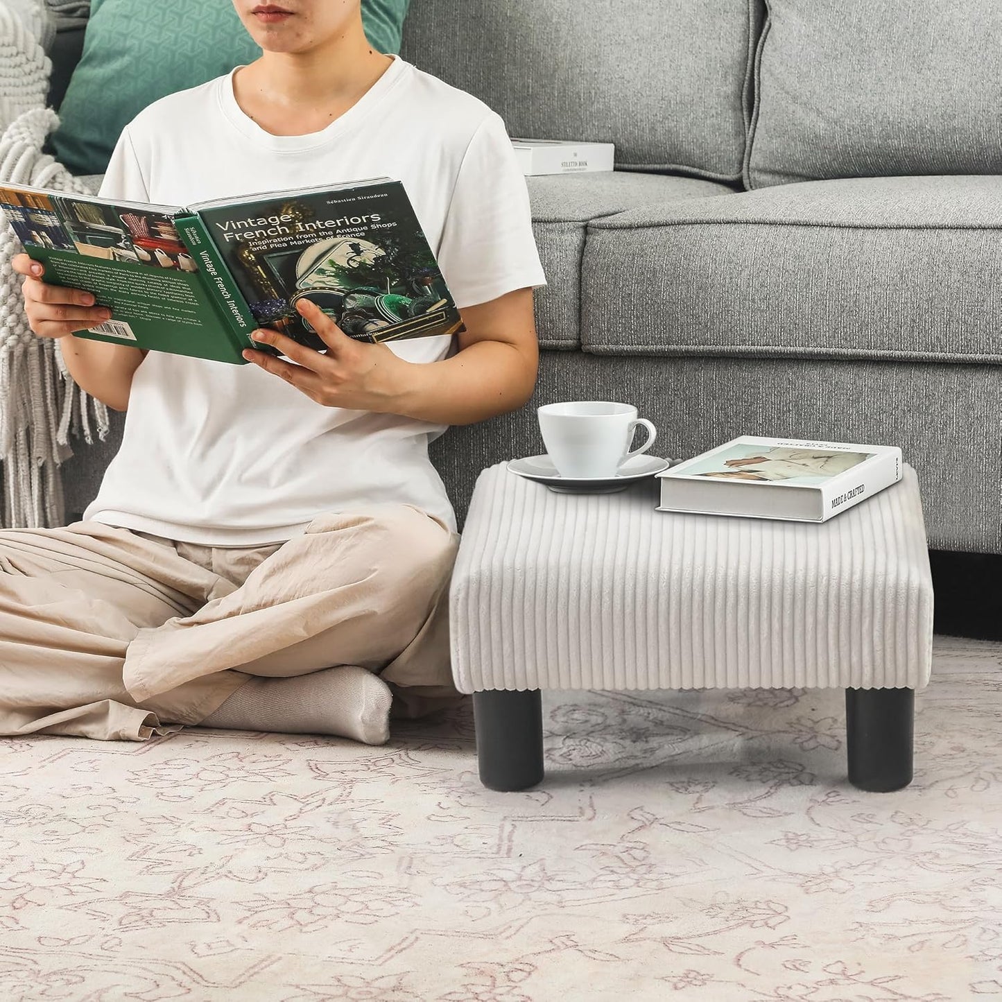 Joveco Small Foot Stool Ottoman, Corduroy Square Footstool Upholstered Footrest Foot Rest for Chair, Under Desk, Office, Living Room, Thick Stripes White