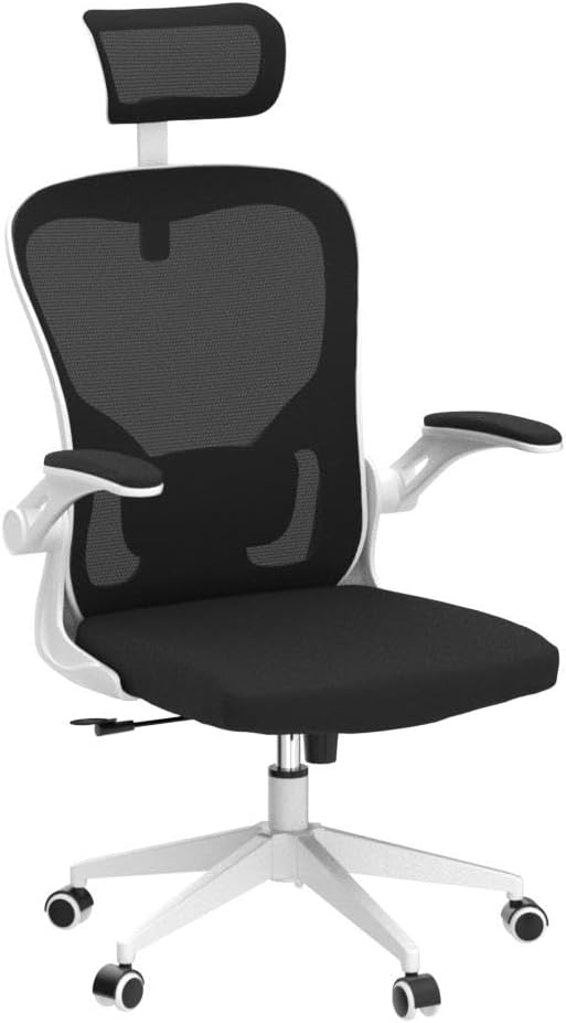 Monhey Office Chair Ergonomic Desk Chair with Lumbar Support&Headrest&Flip-up Arms Height Adjustable Rocking Swivel High Back Computer Chair Warm Taupe Mesh Study Chair (03White+Black)