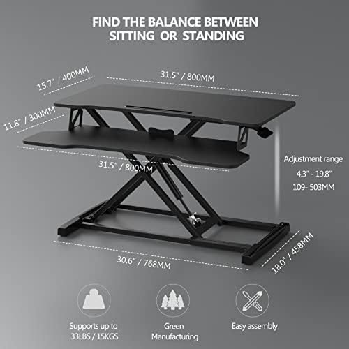 FITUEYES Height Adjustable Standing Desk 32” Wide Sit to Stand Converter Stand Up Desk Tabletop Workstation for Dual Monitor Riser FSD308001WB