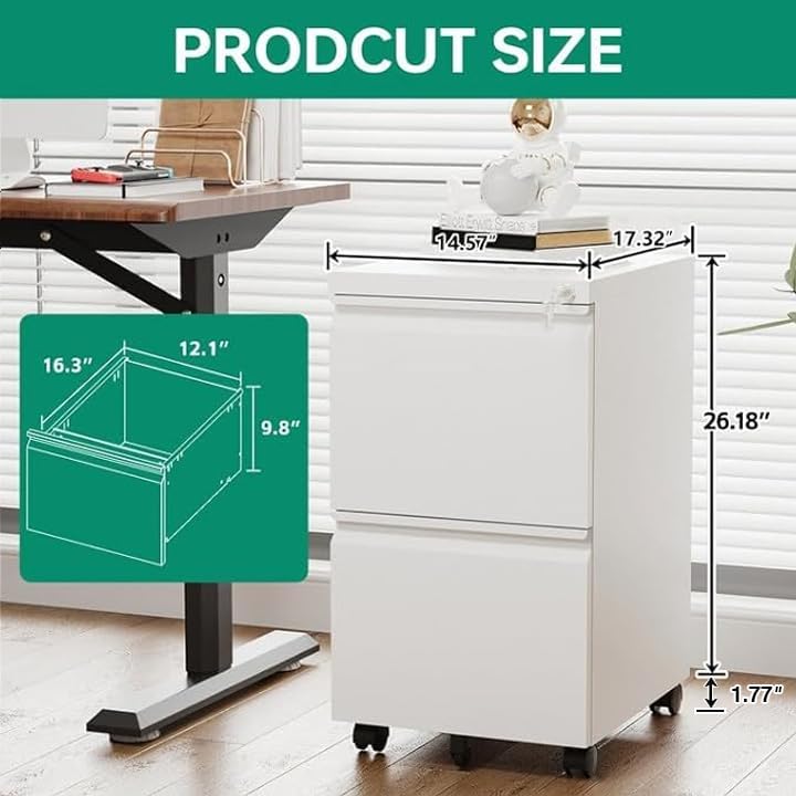 Letaya 2 Drawer Mobile File Cabinet with Lock,Under Desk Metal Filing Cabinets for Home Office Organizer Letters/Legal/A4(White-Requires Installation)