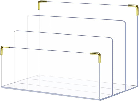 pbf Acrylic File Holder | Clear File Organizer for Desk w/Gold Accents | Acrylic Desk Organizer, Folder Holder, Mail Sorter, File Stand, Magazine Divider, Laptop, Notebook, & Letter Organizer