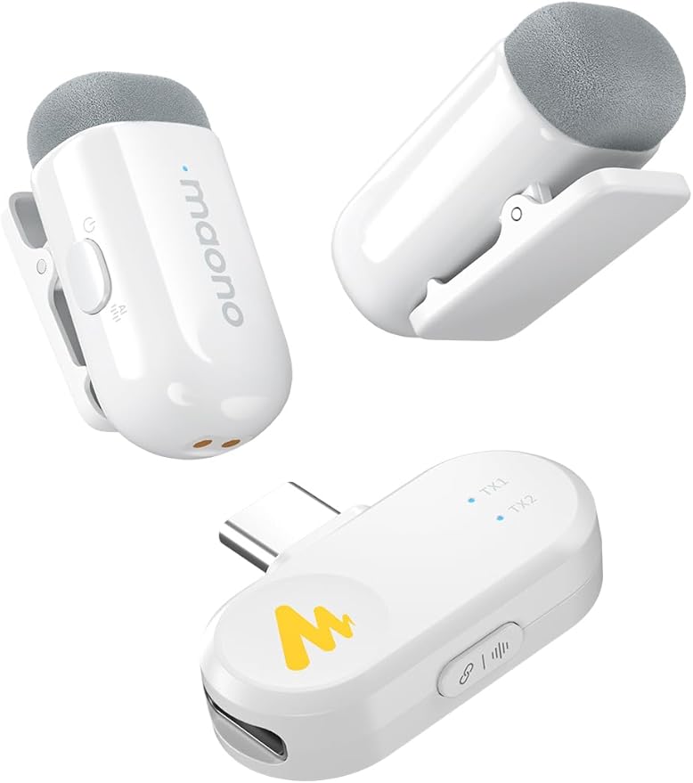 MAONO Wave T1 Mini Wireless Lavalier Microphone for iPhone 16 15, Android, Tablet, PC, Clip on Lapel Mic with USB-C Plug, Noise Cancellation, AI Voice Filter for Video Recording Vlog TikTok-White